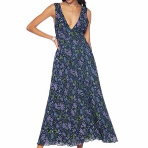 NWT RAMY BROOK Navy Floral V-Neck Pleated Detail Lined Dress Size Large